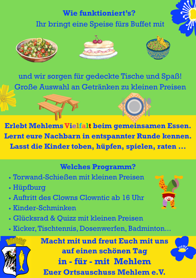 Speisen zu Teilen sollen bitte mitgebracht werden, gedeckte Tische und Spiele werden bereitgestellt.
