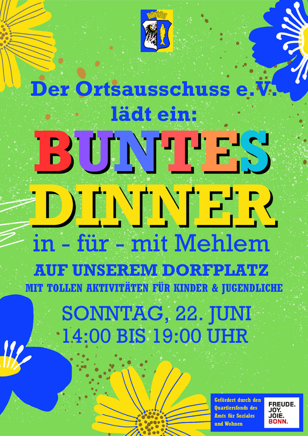 Buntes Dinner auf dem Mehlemer Dorfplatz von 14-19 Uhr am 22. Juni 2025